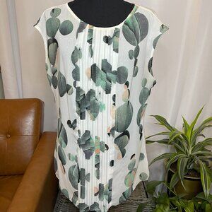 White Sleeveless Blouse with Coral & Teal Accents